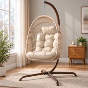 RADIATA Hanging Egg Chair with Stand, Beige Rattan Swing Chair for Indoor Outdoor, Cushion Included, 350 lbs Capacity