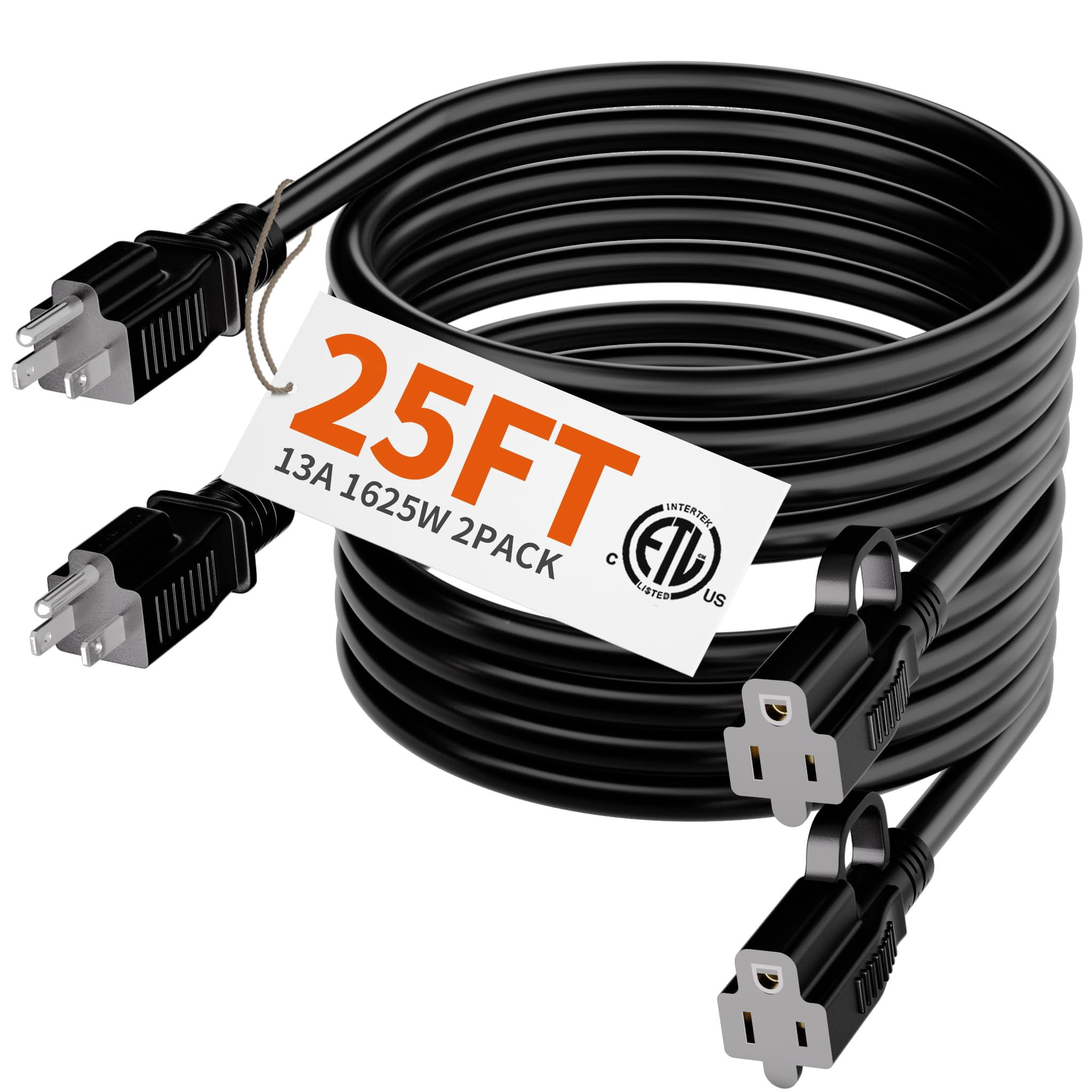 Indoor Outdoor Black Extension Cord 25 Ft 2 Pack Waterproof  16/3 Gauge Flexible Cold-resistant Appliance Cable Outside 13a 1625w 16awg Sjtw 3 Prong Electric Etl