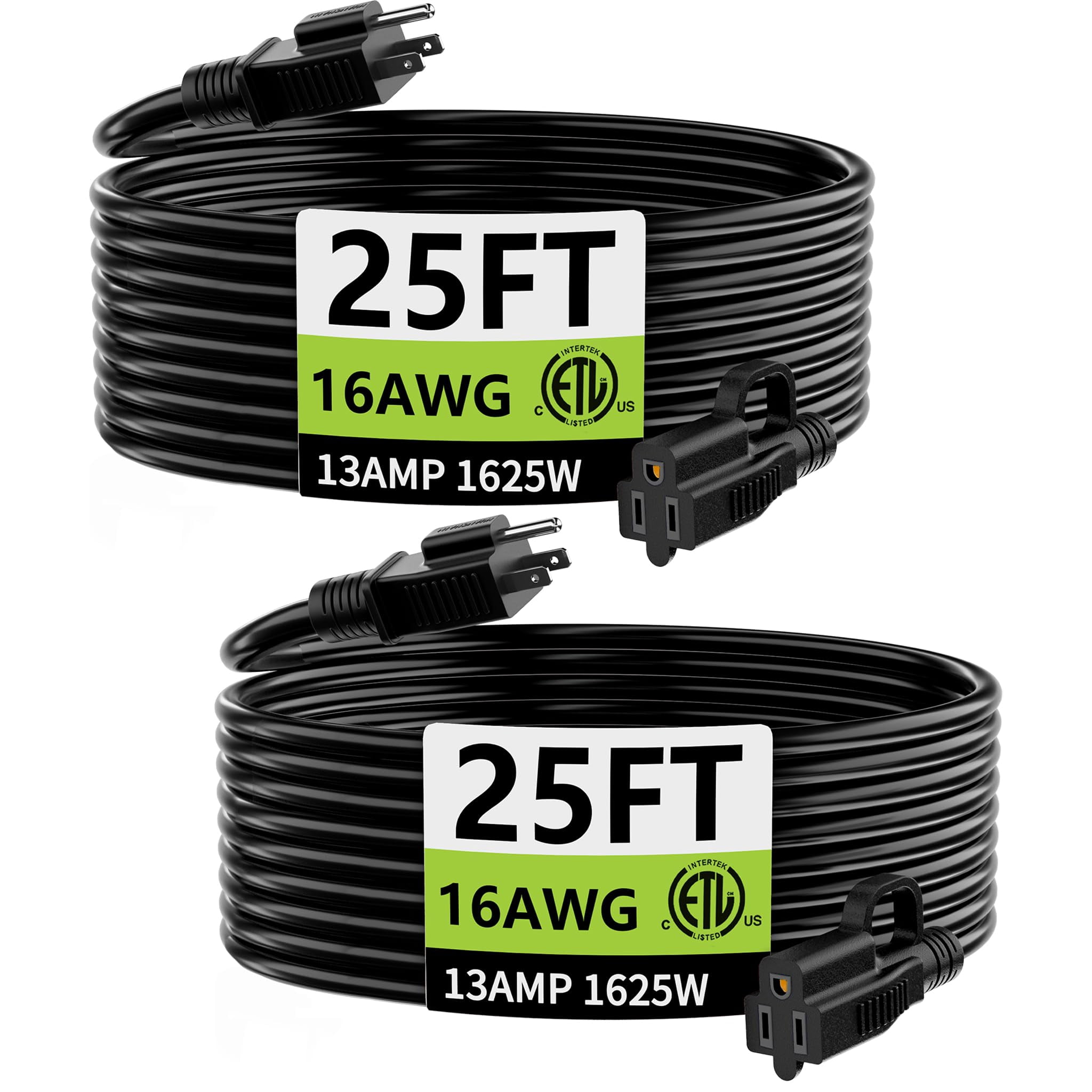 Indoor Outdoor Black Extension Cord 25 Ft 2 Pack Waterproof  16/3 Gauge Flexible Cold-resistant Appliance Cable Outside 13a 1625w 16awg Sjtw 3 Prong Electric Etl