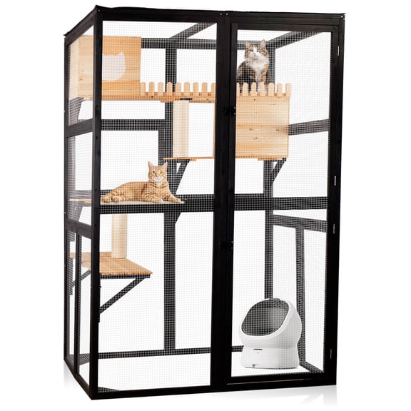 Indoor & Outdoor Cat Enclosure, 4-Level Walk-in Catio with Window Access, Elevated Shelf, Waterproof PVC Roof