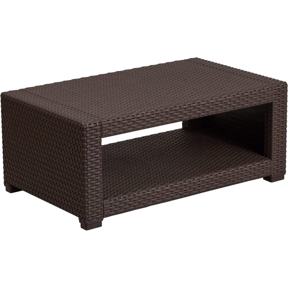 Indoor/Outdoor Chocolate Brown Faux Rattan Coffee Table with Open Storage