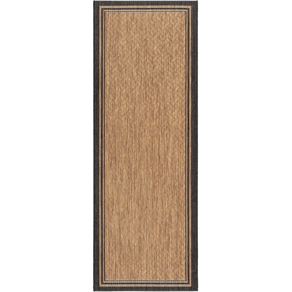 Indoor Outdoor Classic Flatweave Area Rug, Stain & UV Resistant Carpet, Deck, Patio, Poolside Mudroom, 2x6 Ft Runner, Simple Border, Black Tan, 22013