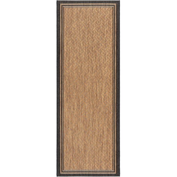 Indoor Outdoor Classic Flatweave Area Rug, Stain & UV Resistant Carpet, Deck, Patio, Poolside & Mudroom, 2x6 Ft Runner, Simple Border, Black Tan, 22013
