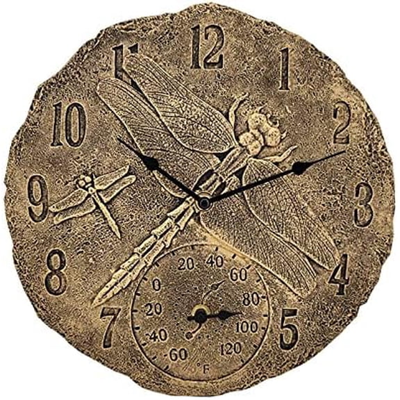 Indoor Outdoor Clock Bronze Effect Dragonfly Garden Wall Clock, 12 Inch Large Waterproof Proof Wall Clocks Thermometer Battery Operated Retro Resin Ornaments for Home  Pool Farmhouse Decorative