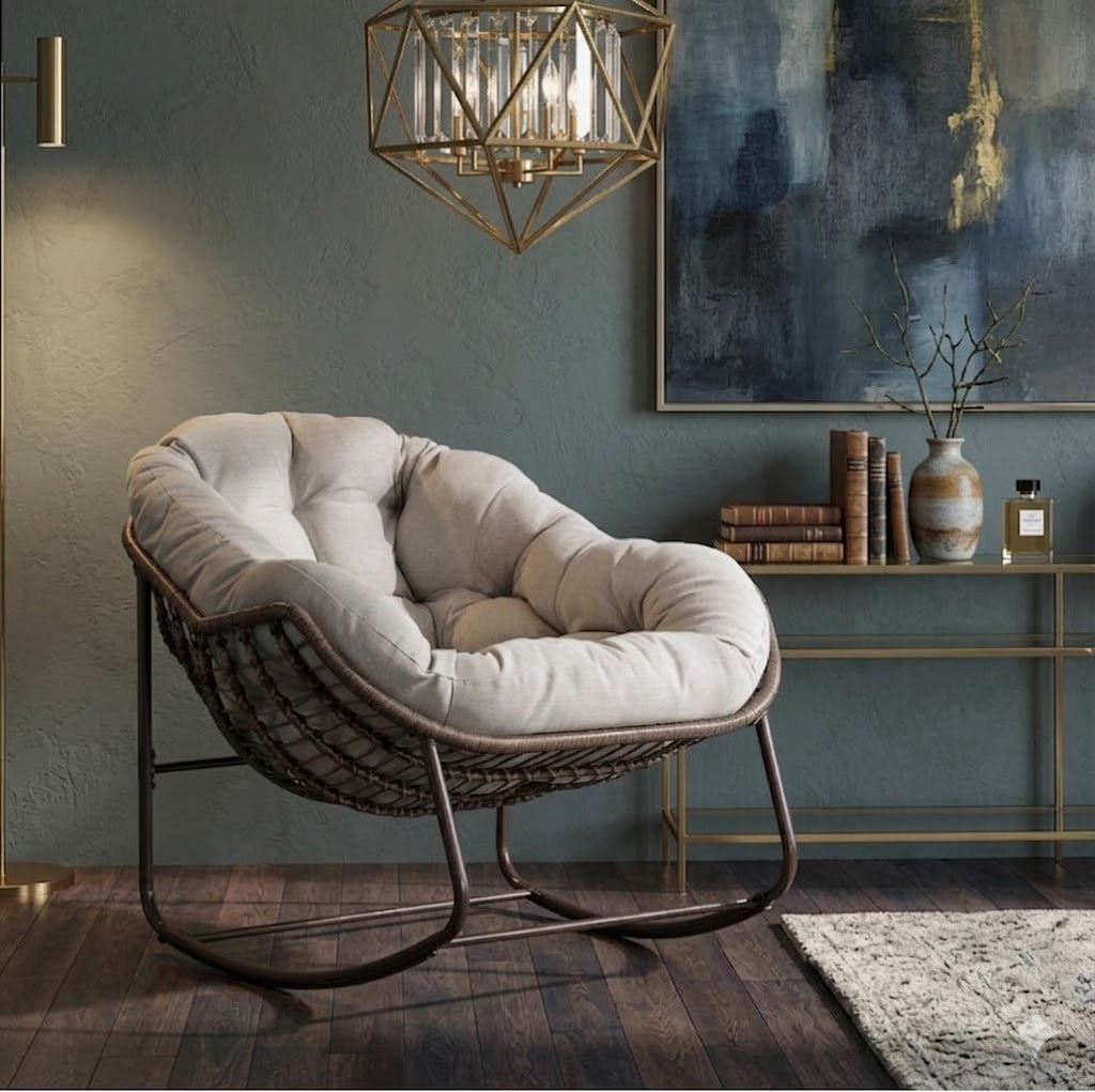 Indoor & Outdoor Comfy Rocker Chair with Thick Cushion, Oversized Rattan Egg Chair for Balcony, Wicker Papasan Rocker