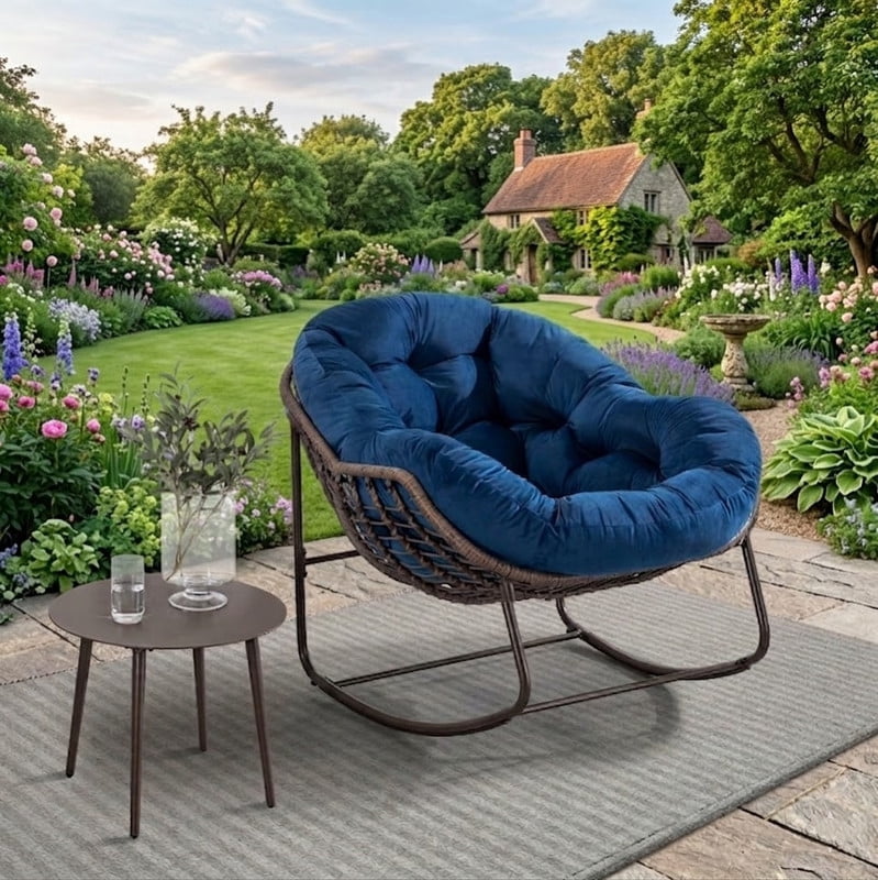 Indoor & Outdoor Comfy Rocker Chair with Thick Cushion, Oversized Rattan Egg Chair for Balcony, Wicker Papasan Rocker