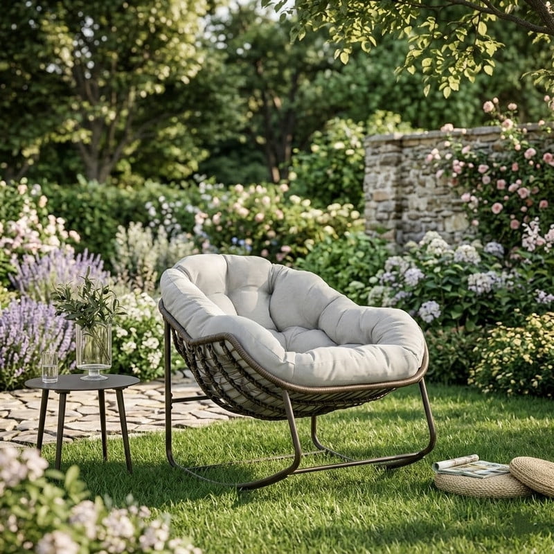 Indoor & Outdoor Comfy Rocker Chair with Thick Cushion, Oversized Rattan Egg Chair for Balcony, Wicker Papasan Rocker