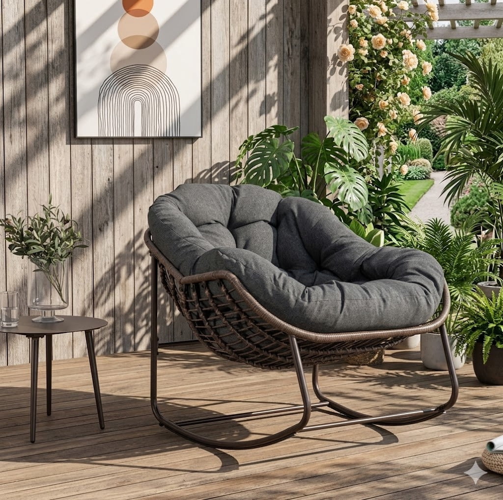 Indoor & Outdoor Comfy Rocker Chair with Thick Cushion, Oversized Rattan Egg Chair for Balcony, Wicker Papasan Rocker
