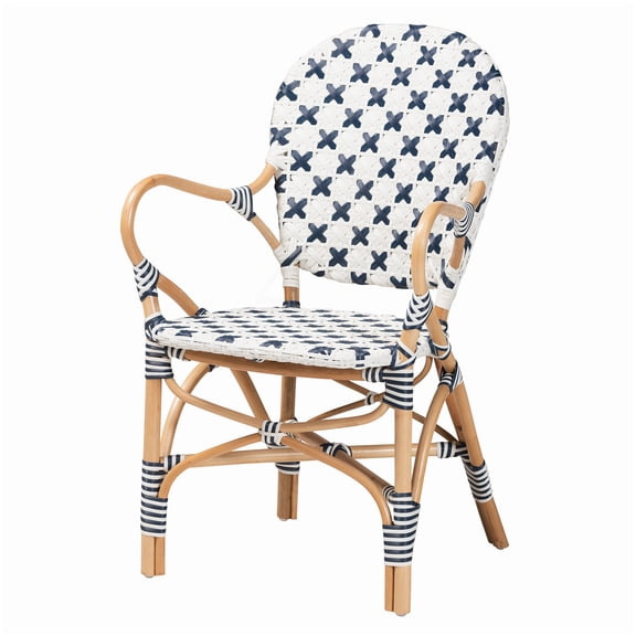Indoor Outdoor Dining Chair Blue Rattan, Bistro Cafe Chair with Woven Seat, Patio Furniture Accent