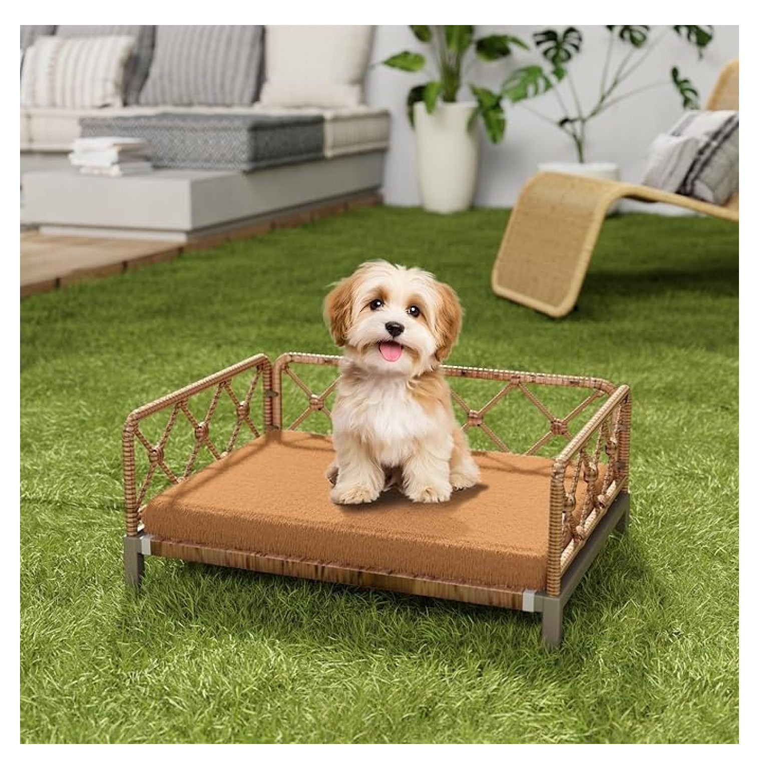Indoor & Outdoor Dog Bed, Elevated All-Weather Wicker Pet Sofa with Washable Waterproof Cushion, Durable Rattan Dog Couch for Small Dogs, Brown