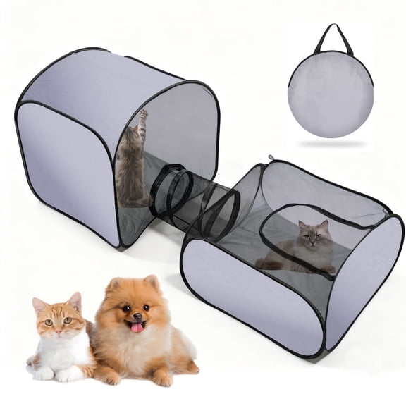 Portable Collapsible Small Pet Playpen - Breathable Mesh Fence with Attached Tunnel, Indoor Outdoor Soft-Edge Tent + Storage Bag