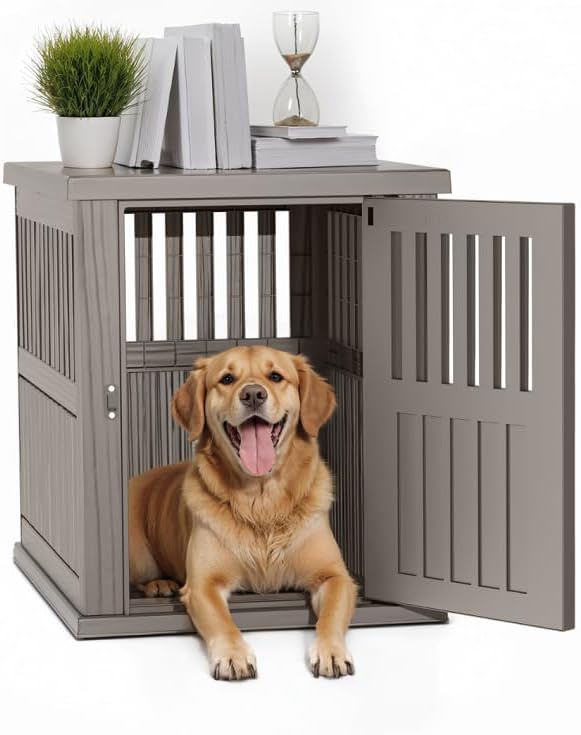 Indoor Outdoor Dog Kennel with Elevated Floor - Weather Resistant Plastic Dog House for Small Dogs, Brown - 29.7" L x 21.3" W x 25.3" H