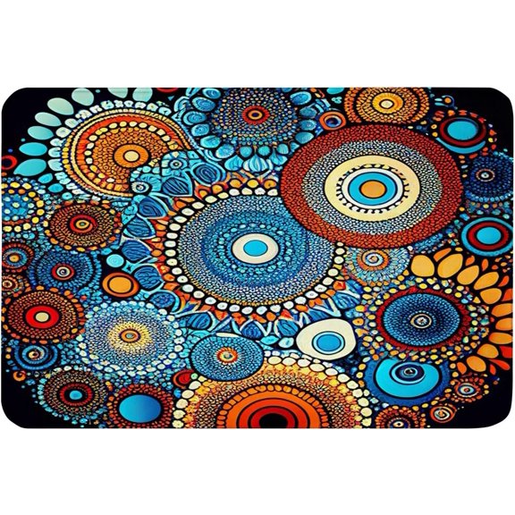 Indoor Outdoor Doormat Non Slip,Soft Flannel Floor Mat for Kitchen Bathroom Entryway Bedroom Living RoomMany Red Blue Circles Geometric Flowers Pattern Bath Mats,16x24in