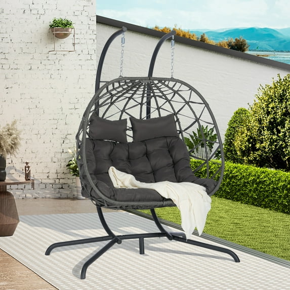 Indoor Outdoor Egg Chair, Patio Rattan Wicker Hanging Egg Chair with Breathable Cushion, Iron Frame, Porch Swing Egg Chair for Backyard, Balcony, UV & Water proof, Antirust, Dark Gray + Black