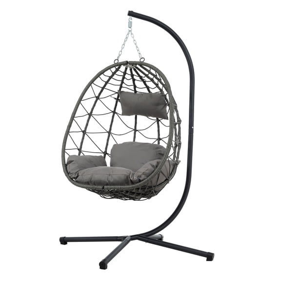 Indoor Outdoor Egg Hanging Chair with Stand, Patio Wicker Hanging Swing Egg Chair, Indoor Outdoor Swinging Chair, Outdoor Hammock Egg Chair 350 lbs Capacity for Patio, Bedroom, Balcony, Living Room