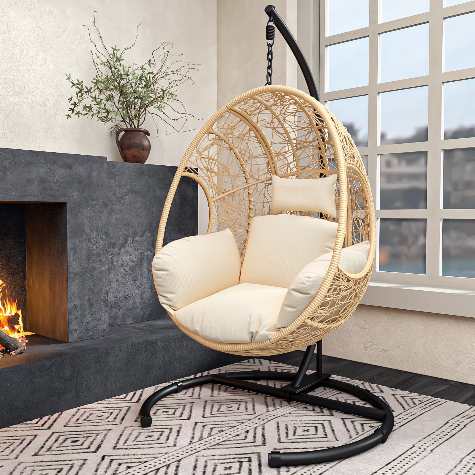 Indoor Outdoor Egg Hanging Chair with Stand, Patio Wicker Swing Egg