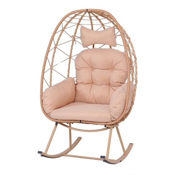 Indoor Outdoor Egg Rocking Chair, 330LBS Capacity Wicker Rattan Cocoon Lounge Chair with Thick Cushion & Pillow, Foldable Single Swing Rocker Chair for Patio, Balcony, Bedroom, Living Room