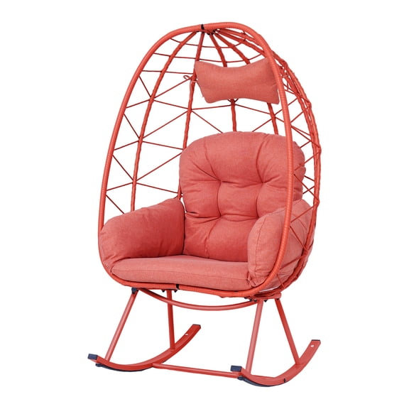 Indoor Outdoor Egg Rocking Chair, 330LBS Capacity Wicker Rattan Cocoon Lounge Chair with Thick Cushion & Pillow, Foldable Single Swing Rocker Chair for Patio, Balcony, Bedroom, Living Room