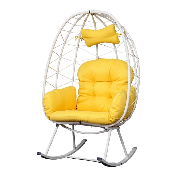 Indoor Outdoor Egg Rocking Chair, 330LBS Capacity Wicker Rattan Cocoon Lounge Chair with Thick Cushion & Pillow, Foldable Single Swing Rocker Chair for Patio, Balcony, Bedroom, Living Room