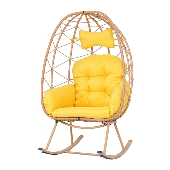 Indoor Outdoor Egg Rocking Chair, 330LBS Capacity Wicker Rattan Cocoon Lounge Chair with Thick Cushion & Pillow, Foldable Single Swing Rocker Chair for Patio, Balcony, Bedroom, Living Room
