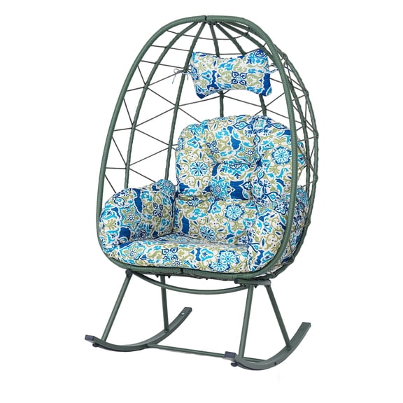 Indoor Outdoor Egg Rocking Chair, 330LBS Capacity Wicker Rattan Cocoon Lounge Chair with Thick Cushion & Pillow, Foldable Single Swing Rocker Chair for Patio, Balcony, Bedroom, Living Room