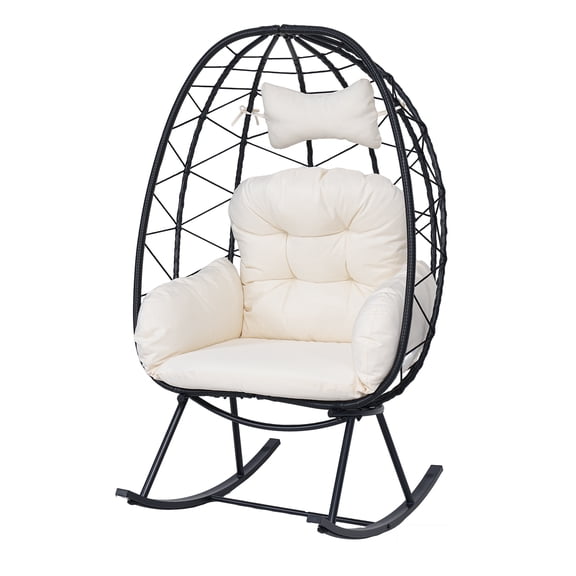Indoor Outdoor Egg Rocking Chair, 330LBS Capacity Wicker Rattan Cocoon Lounge Chair with Thick Cushion & Pillow, Foldable Single Swing Rocker Chair for Patio, Balcony, Bedroom, Living Room