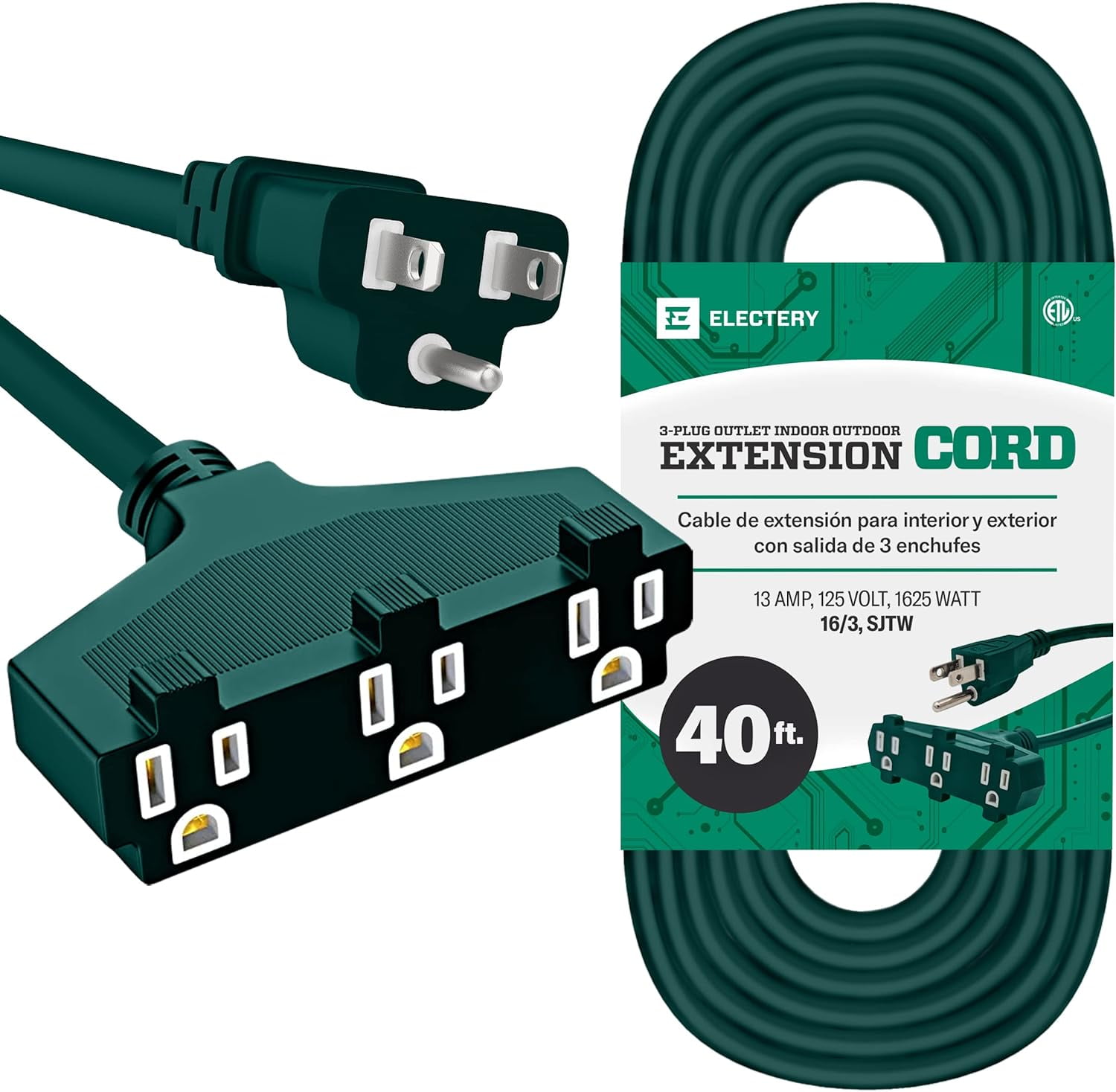 Indoor/Outdoor Extension Cord with 3 Outlets 40 Ft MultiOutlet 1625W