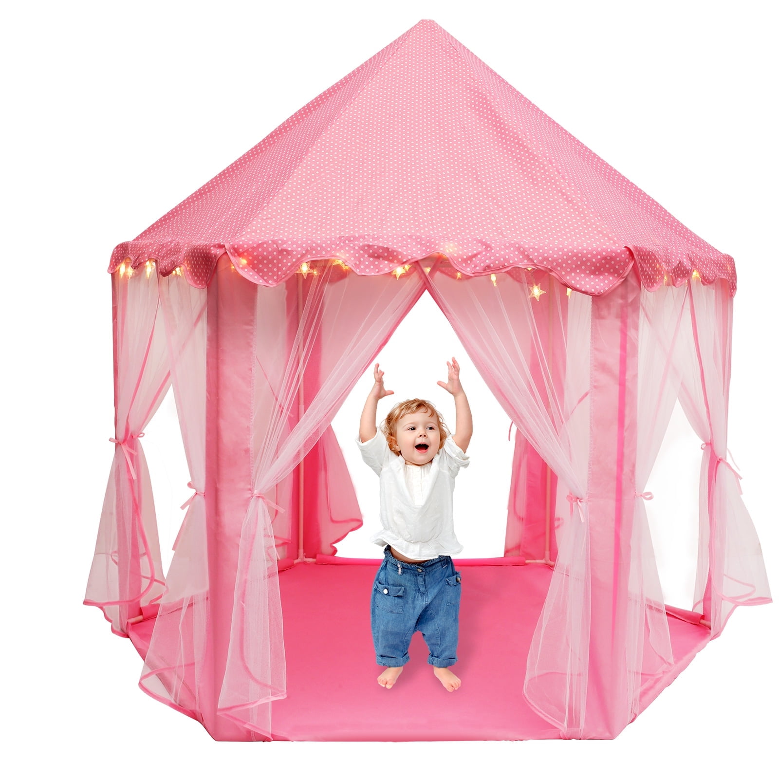 Pink Princess Castle Play Tent with Star Lights and Carry Bag