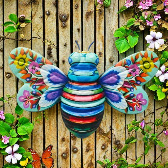 Indoor Outdoor Fence Decorations, Colorful Butterflys Hanging Sculpture Wall Decor, Metal Bee Wall DIY Wrought Iron, Garden Yard Fence Porch Home Decor 5.1"X7.5"Inch Clearance Sale
