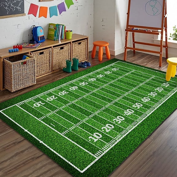 Indoor Outdoor Football Field Design Area Rug, Soft Non Slip Grass Pattern Carpet for Living Room, Green Polyester Floor Mat for Home and Game Room Decor, Sports Theme Accent Rug, 80x160 CM