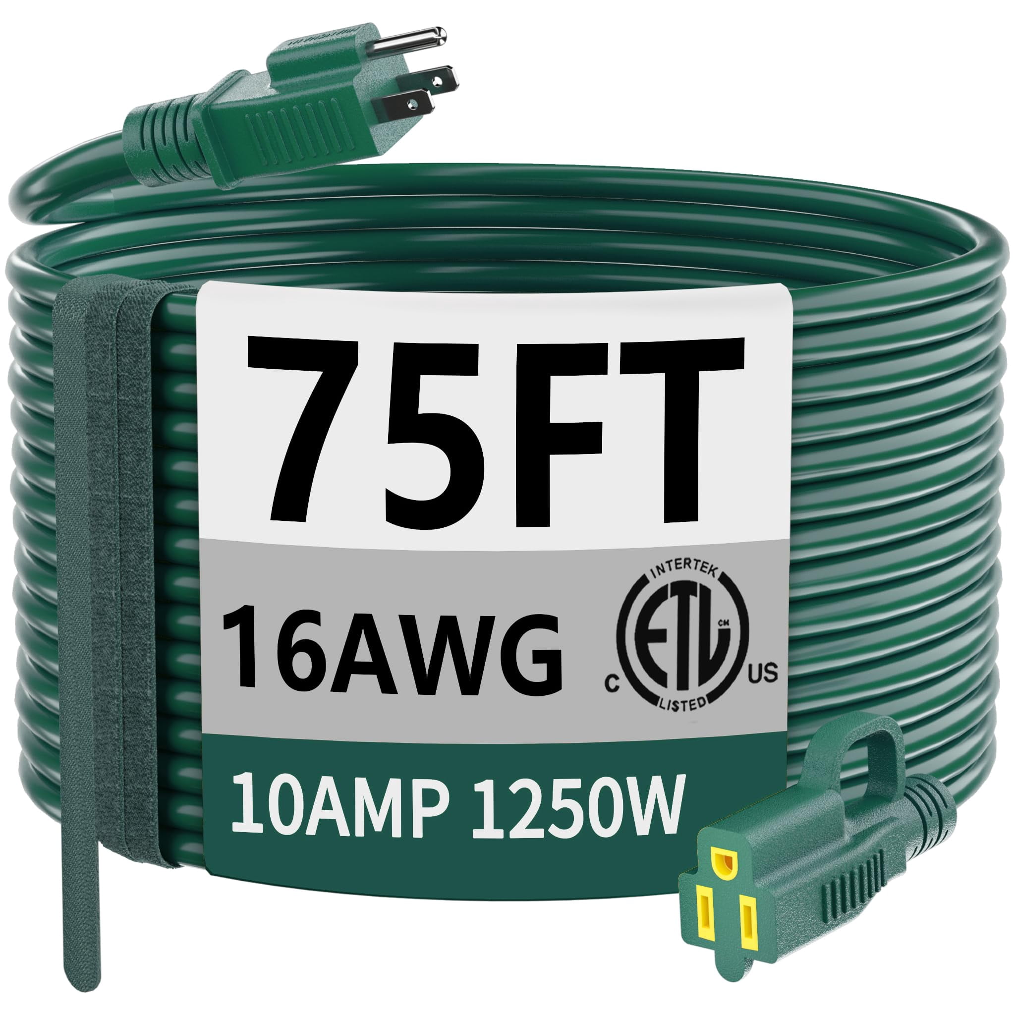 Indoor Outdoor Green Extension Cord 75 Ft Waterproof  16/3 Gauge Flexible Cold-resistant Appliance Outside 10a 1250w 16awg Sjtw 3 Prong Electric Cable Etl