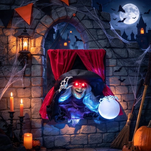 Indoor Outdoor Halloween Crystal Ball Fortune Teller with Lighted Red Eyes,16" Hanging Witch Holding Glowing Crystal Ball Decor,Creepy Fortune-Telling Witch for Porch Patio Wall Haunted House