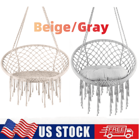 Indoor/Outdoor Hammock Chair with Back Cushion , Boho Swing Chair w/Hanging Kit , Gray Patio Swings