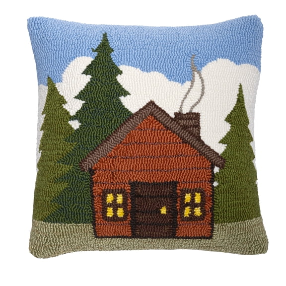 Indoor/Outdoor Hooked Pillow, Summertime Cabin Pillow 18"x18"