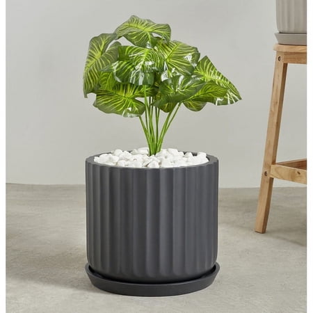 Indoor/Outdoor Large 1-piece Nordic Minimalist Fiberstone Lightweight Round Planter Pot With Grooves Saucer - 16, 13, 11 in Charcoal 10.25 In. H X