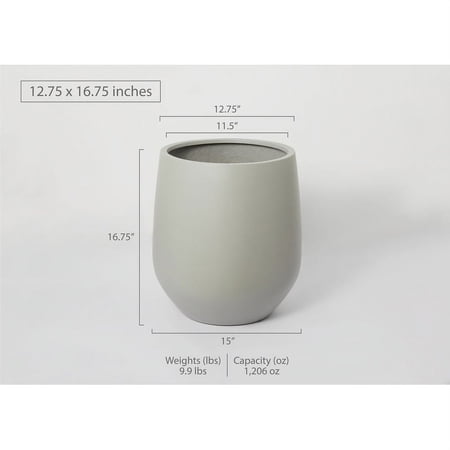 Indoor/Outdoor Large Nordic Minimalist Lightweight Round Planter Pot Smooth Grey 16.75 In. H x 12.75 In. W x 12.75 In. L