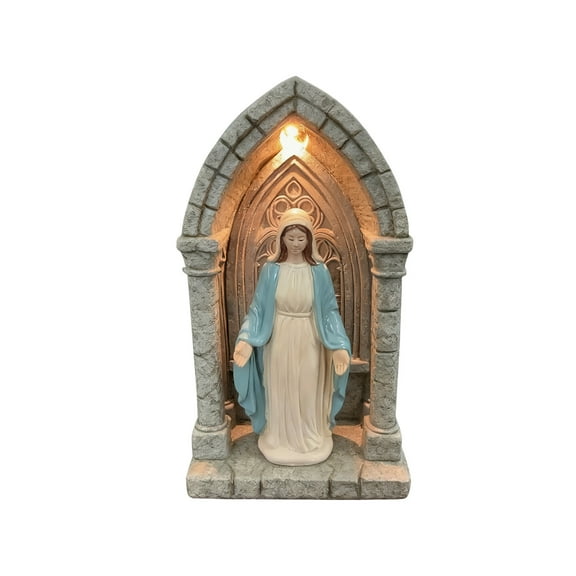 Indoor Outdoor Lighted Virgin Mary Statue with Stone Archway Religious Figurine for Home Garden Decor Spiritual Gift