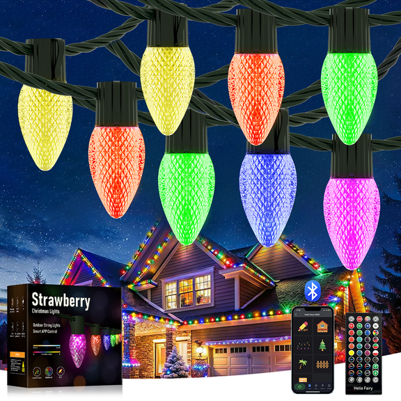 Indoor and Outdoor Lights, 100 LED Strawberry String Lights, Smart Bluetooth App Remote Control, Outdoor Music Sync Fairy Lights, Waterproof Connectable Lights for Xmas Patio Decor