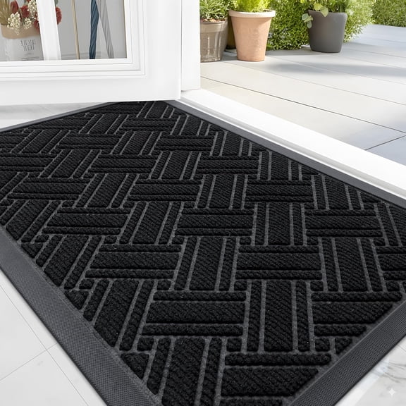 Indoor Outdoor Mat, Sturdy Natural Rubber Floor Mat, Non Slip Low Profile Waterproof Doormat, and Stain Front Door Mats, Easy Clean Patio Entrance Mat, 30''x17'', Black