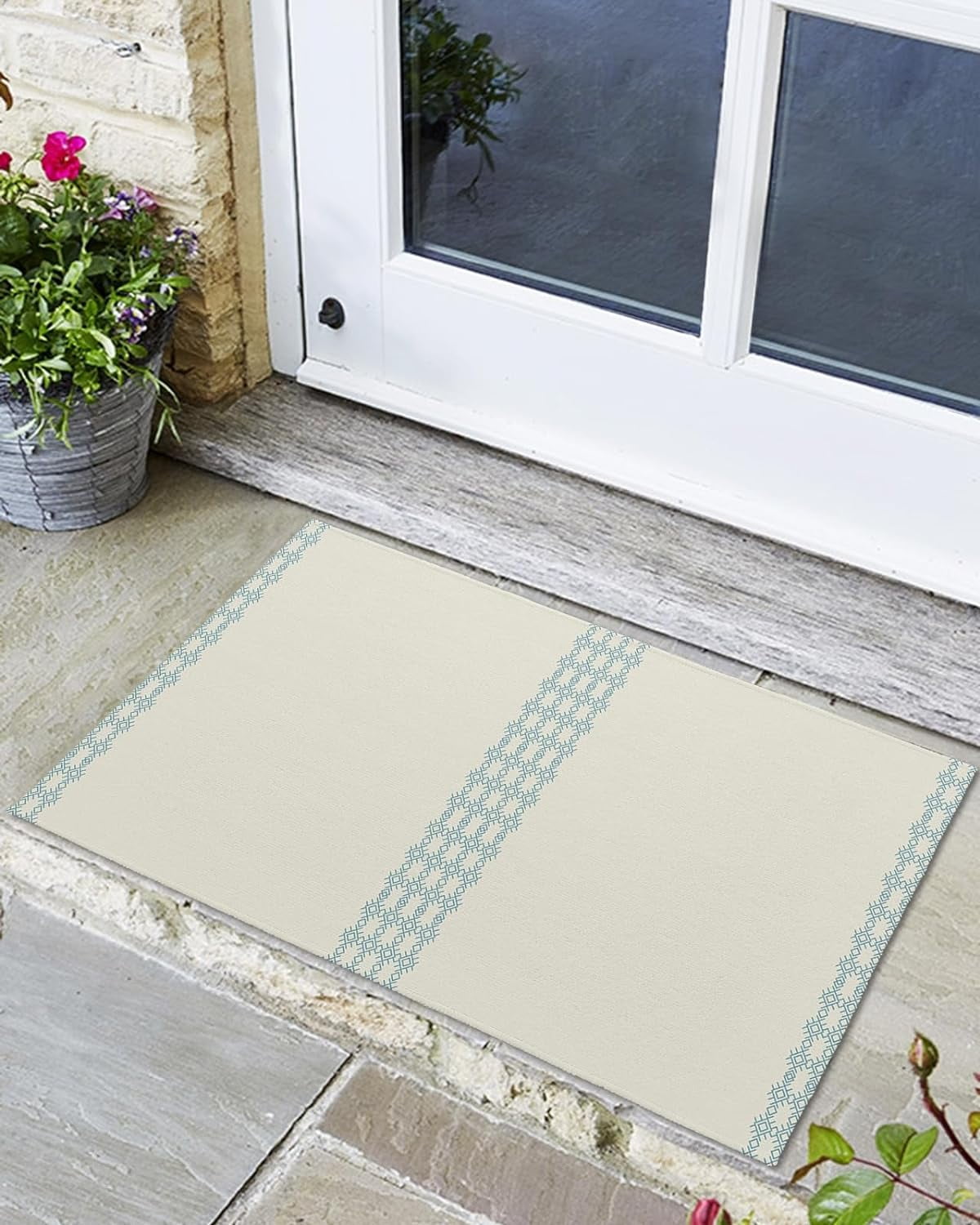 Indoor Outdoor Mats, Bohemian Style Simple Graphic Cyan Door Mat, Non
