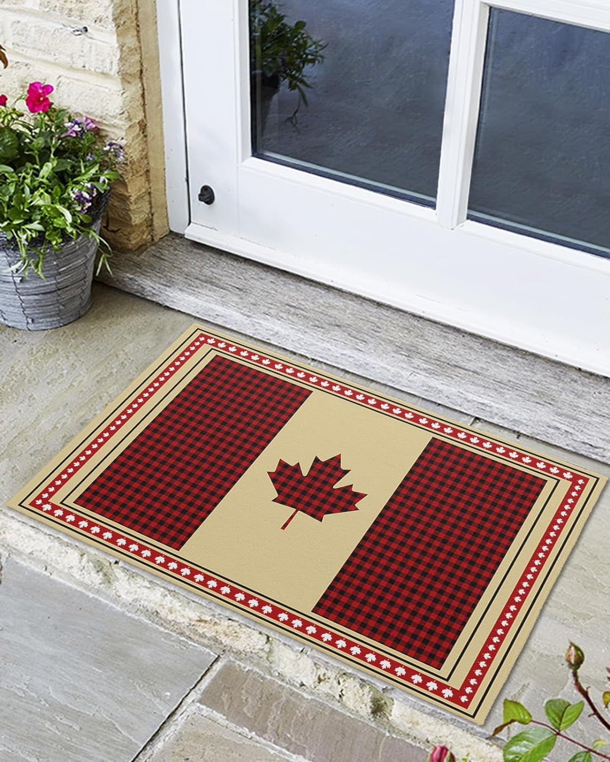Indoor Outdoor Mats, Canada Day Red Lattice Maple Leaf Retro Style Door