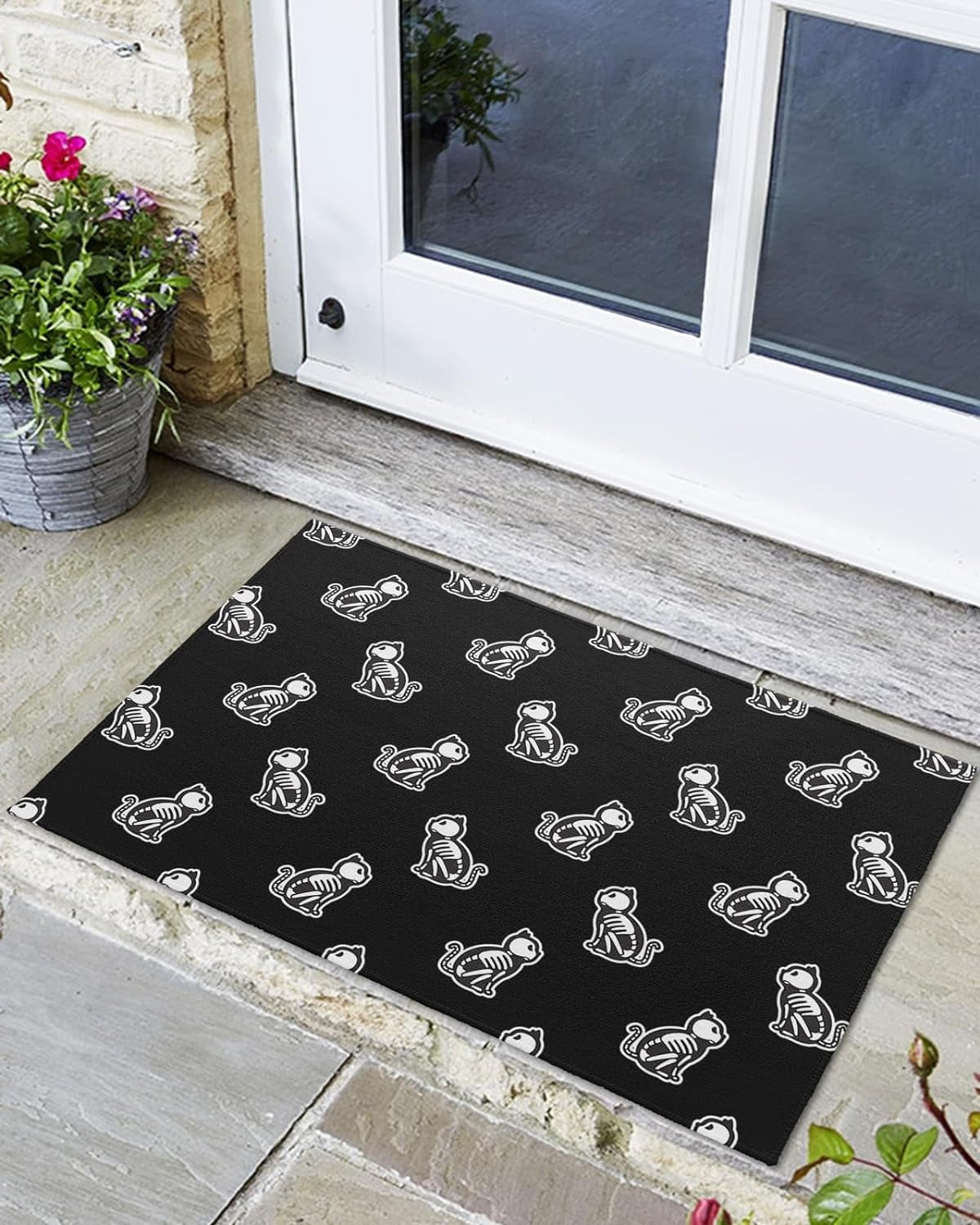Indoor Outdoor Mats, Cat with Skull Skeleton Black Door Mat, NonSlip