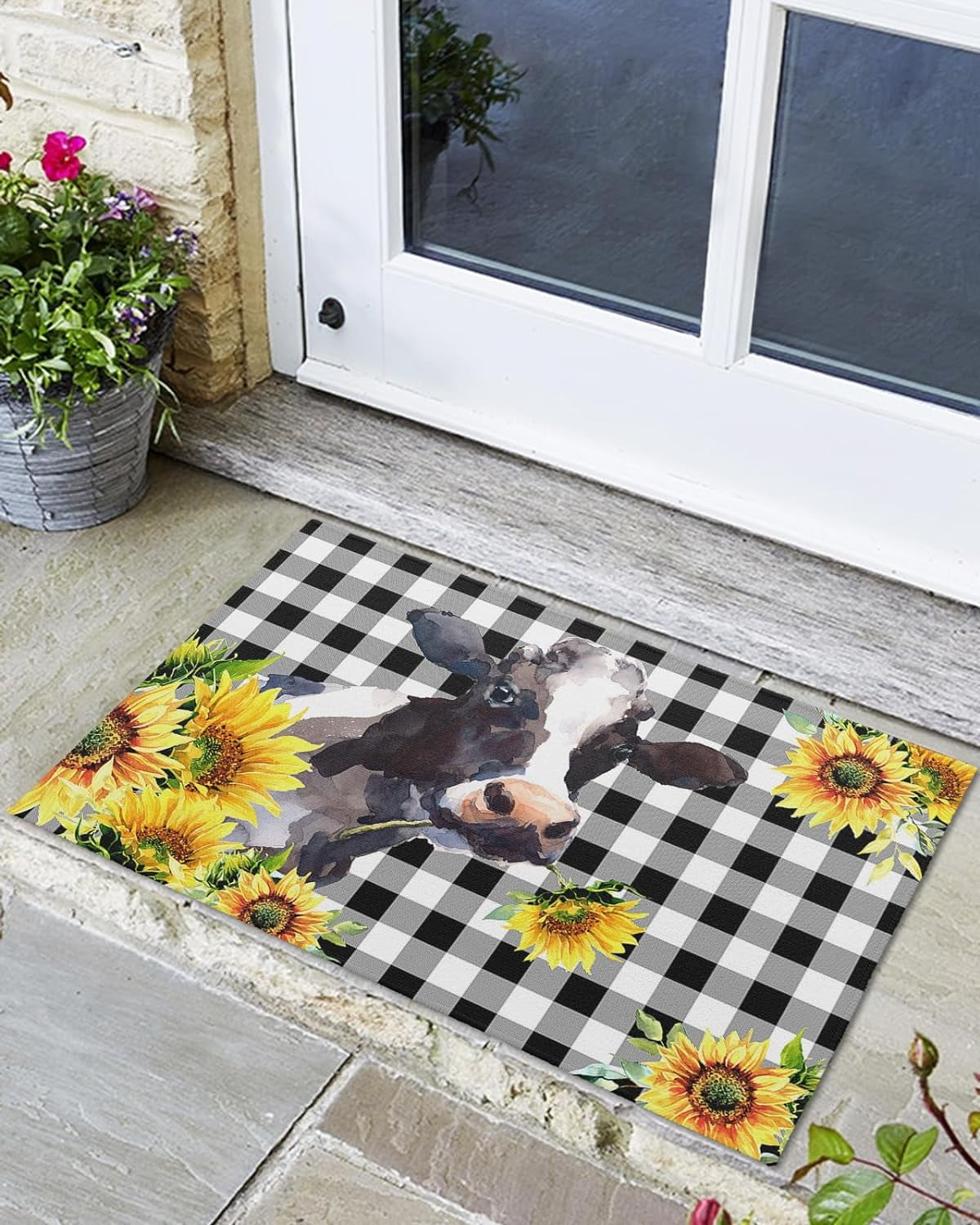 Indoor Outdoor Mats, Country Style Farm Sunflowers and Cows Watercolor