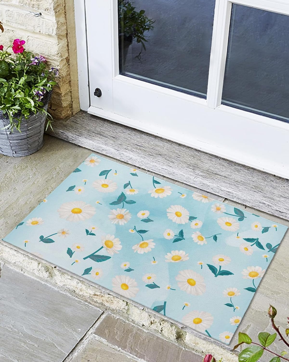Indoor Outdoor Mats, Daisy on Blue Watercolor Gradient Background Door