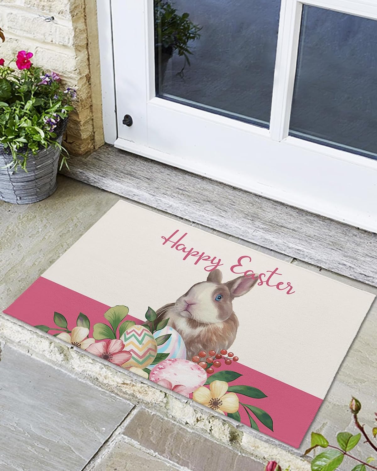 Indoor Outdoor Mats, Happy Easter Cute Style Bunny and Egg Door Mat