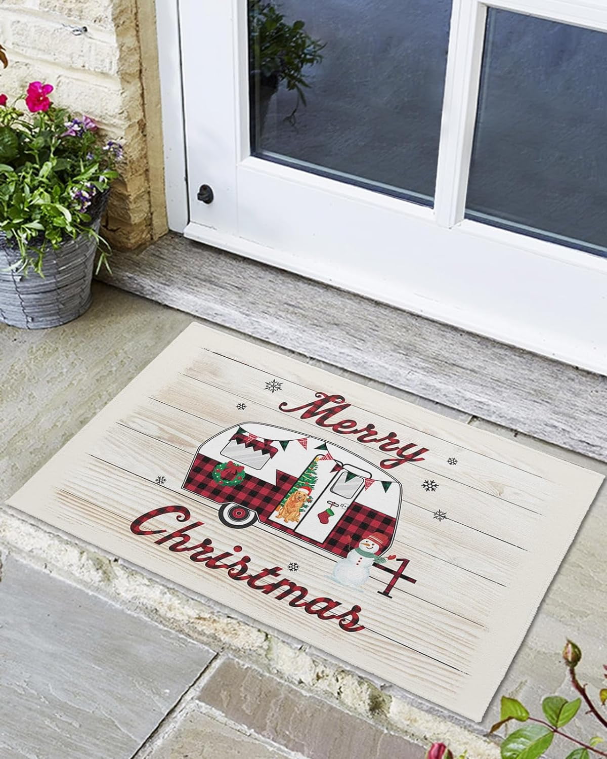 Indoor Outdoor Mats, Merry Christmas Red Plaid Car on Wood Grain Door