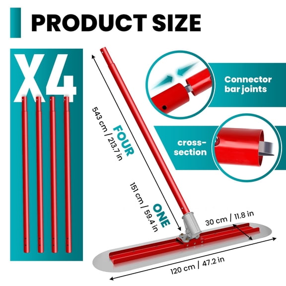 Indoor Outdoor Multi-Use Concrete Float Tool, 48in x 12in Burr-Free Blade, 4-Section Extendable Pole for All Concrete Smoothing & Finishing Work