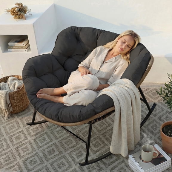 RADIATA Oversized Outdoor Papasan Rocking Chair, Heavy Duty Wicker Patio Egg Chair with Cushion, 450lbs Capacity, Comfortable,Dark  Gray