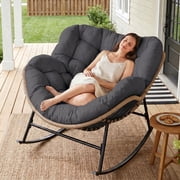 RADIATA Oversized Outdoor Papasan Rocking Chair, Indoor Outdoor Heavy Duty Wicker Patio Egg Rocking Chair with 5.1 Cushion, 450lbs Capacity, Dark Gray