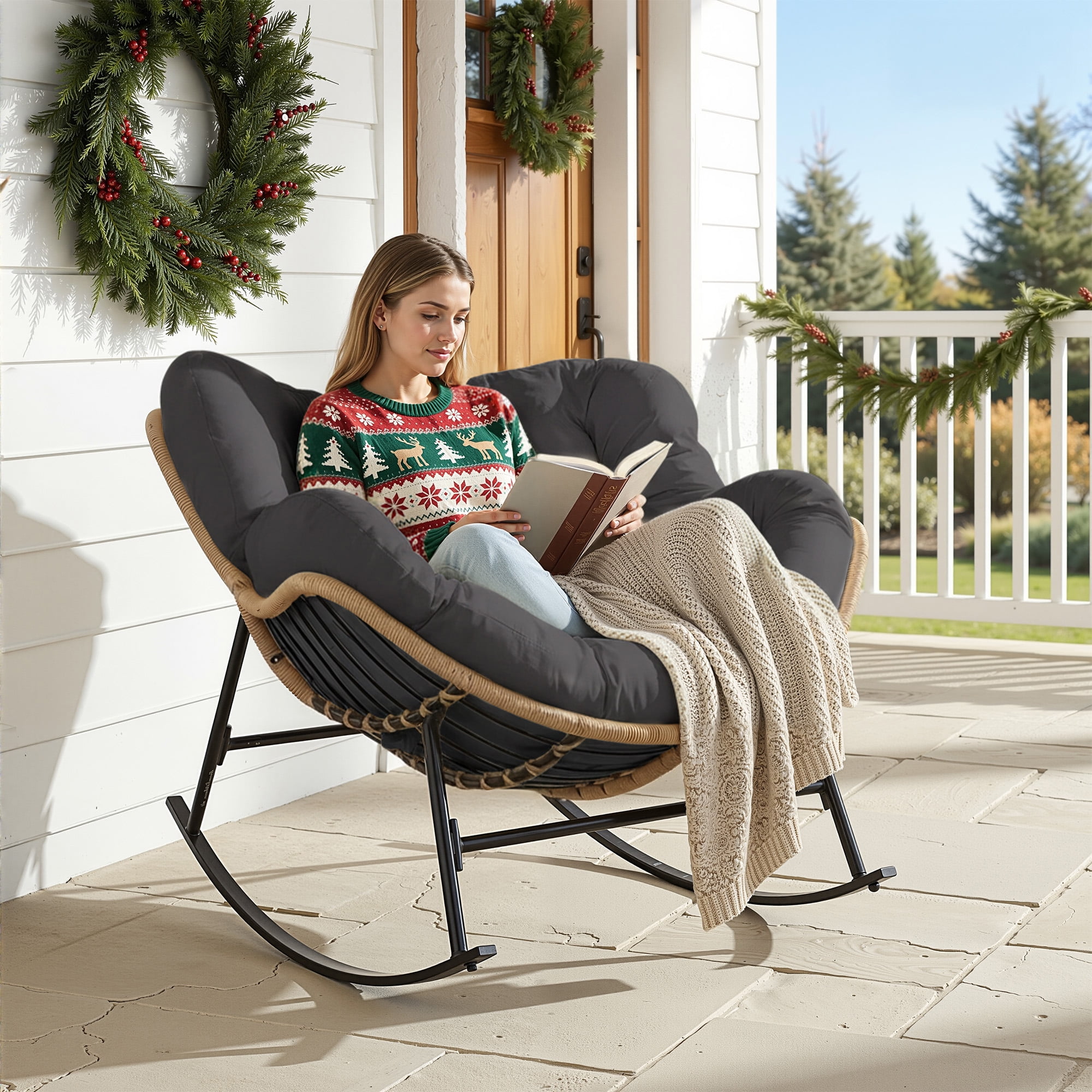 Walmart Saving of  RADIATA Indoor Outdoor Oversized PE Wicker Papasan Rocking Chair,Extra Wide Rocking Chair with Cushion
